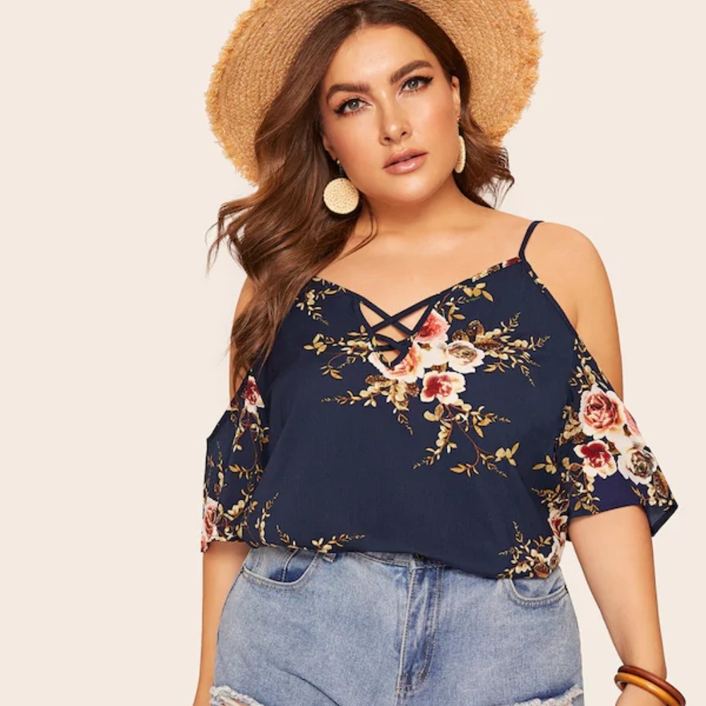 Plus Cold Shoulder Floral Print Blouse
